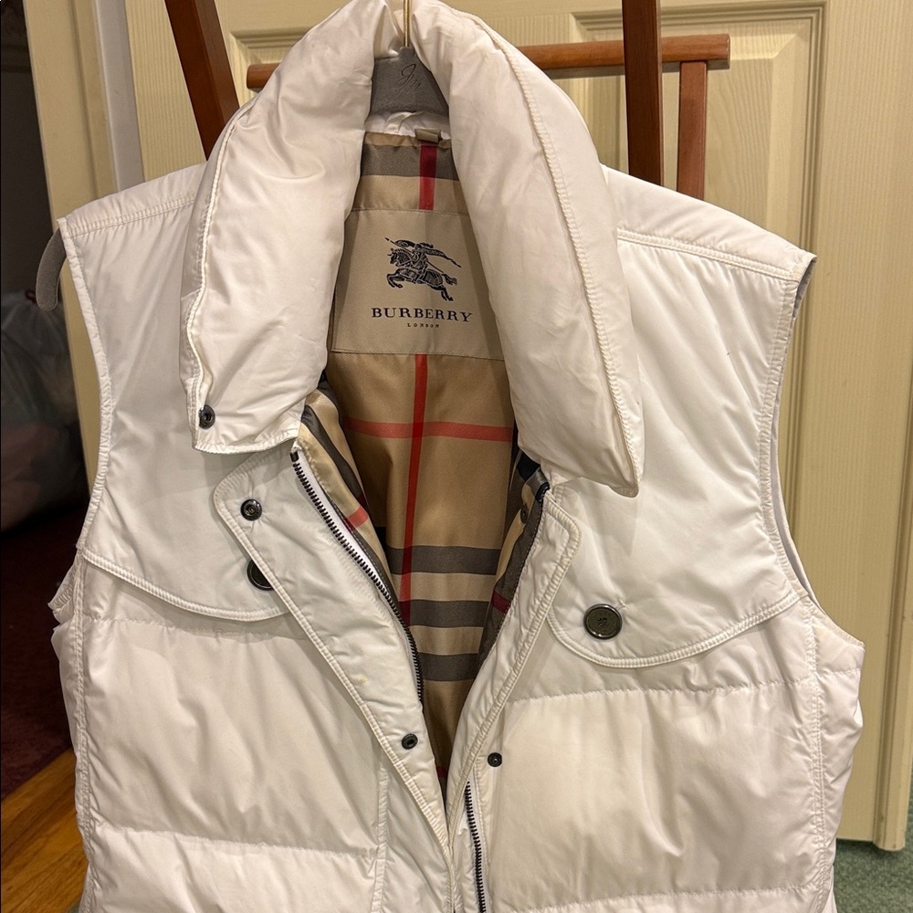 Burberry Ivory Puffer Vest with Check Lining. Like new